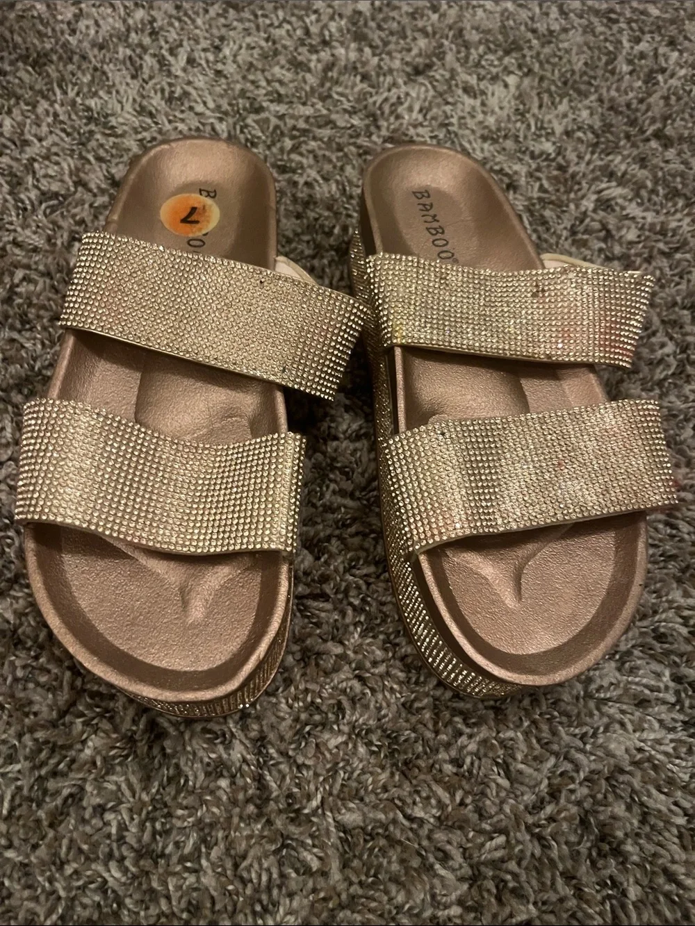 BAMBOO Metallic Rose Gold Rhinestone Double-Strap Slide Sandals
